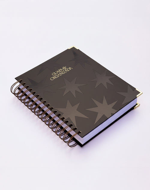 Agenda negra sin fechas Guapa y Organizada con tapa dura y detalles dorados